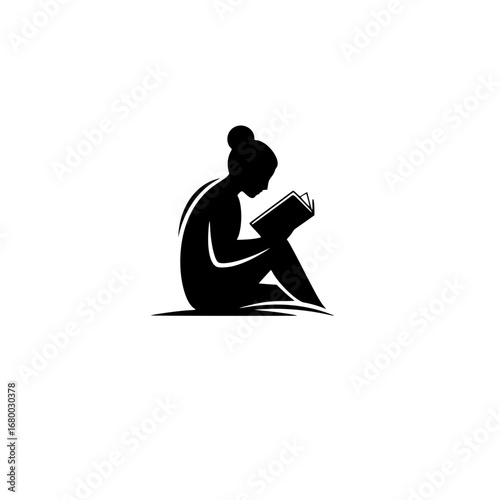 Minimalist vector silhouette of a person deeply absorbed in reading a book, ideal for a logo representing education, wisdom, or a quiet learning space
