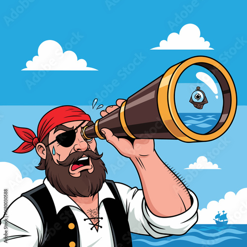 A surprised cartoon pirate looks through a telescope and sees an eyeball looking back at him.