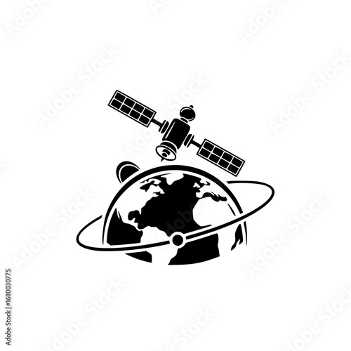 Modern global satellite communication network silhouette vector graphic for logo design, symbolizing advanced technology and worldwide connectivity