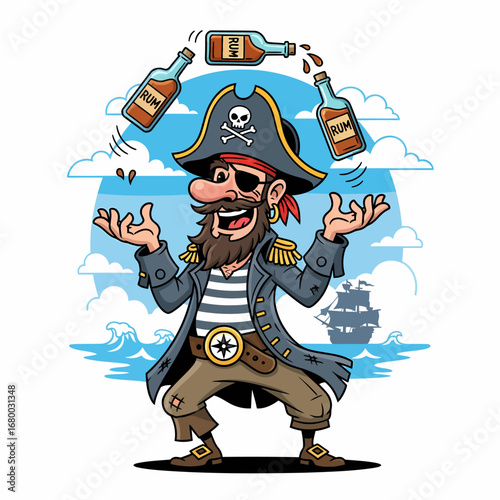 A happy cartoon pirate with an eyepatch and peg leg juggling several bottles of rum by the sea.