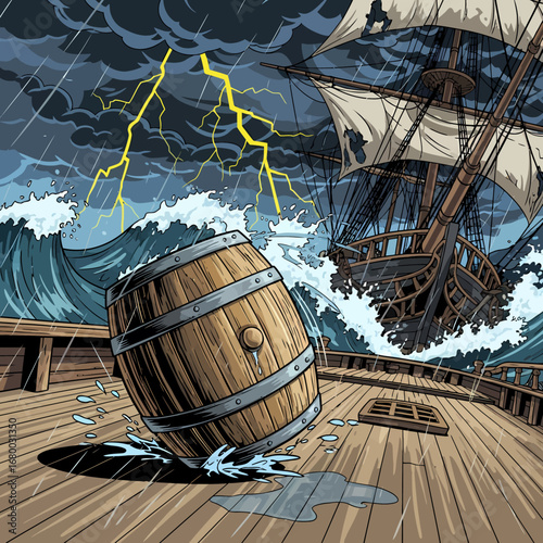 A wooden barrel rolls on the deck of a tall ship caught in a violent lightning storm at sea.