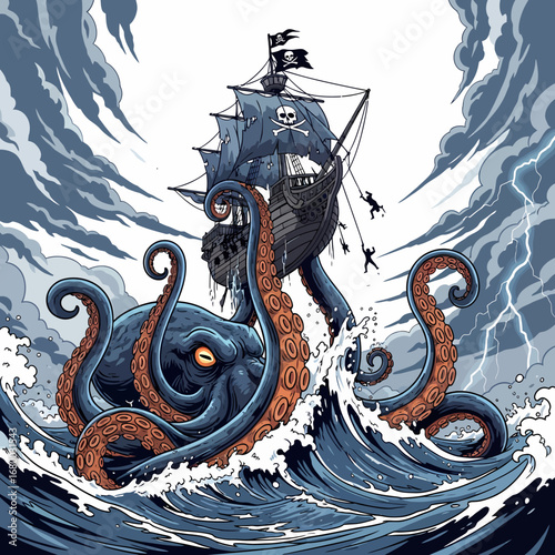 An enormous octopus attacks a pirate ship in a stormy sea, with lightning flashing in the background and sailors falling.