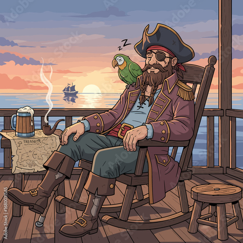 A relaxed pirate in a rocking chair on a deck overlooking a sunset sea, with a parrot resting nearby.