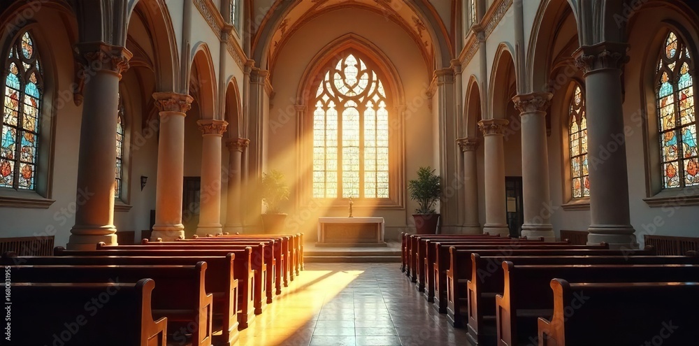 Fototapeta premium Serene church interior, sunlight streaming through stained glass windows onto the altar and pews, creating a peaceful atmosphere of worship and reverence , religion, cathedral