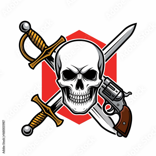 A menacing skull emblem with a crossed sword and revolver pistol on a red hexagon background.