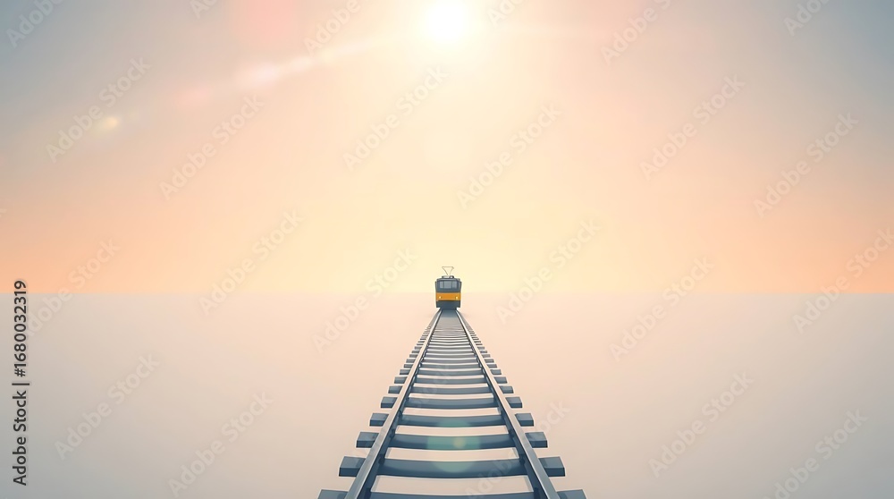 Obraz premium Journey begins with a lone train on tracks towards a bright, hopeful horizon.