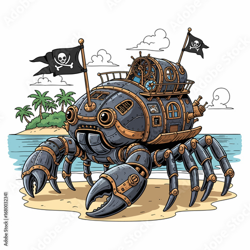 A steampunk pirate crab vehicle with Jolly Roger flags stands on a tropical beach.