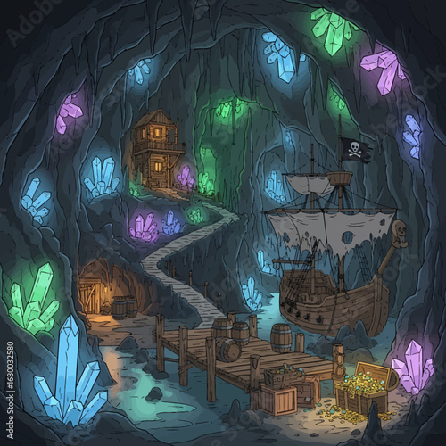 A whimsical cave harbor scene, featuring a pirate ship, crystals, and a small wooden village.