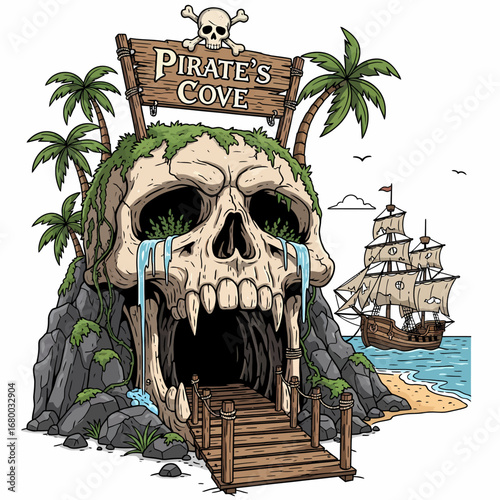 Vibrant illustration depicting a pirate's cove entrance, a giant skull-shaped cave with a wooden bridge, palm trees, and a sailing ship on the ocean.