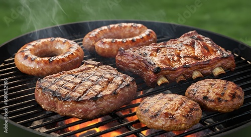 A close up of a grill with sausages, ribs, burgers and steak cooking over hot coals on a summer day
