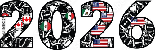 2026 Typography with American Football Pattern and Co-Host Flags of USA, Canada, and Mexico - Vector Illustration