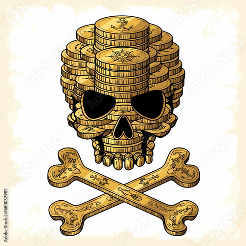 A skull and crossbones symbol formed from stacks of gold coins, representing treasure and danger.