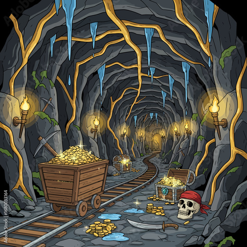 An illustration depicting a mine shaft with gold coins in a wooden cart, treasure chests, a skull, and a sword.