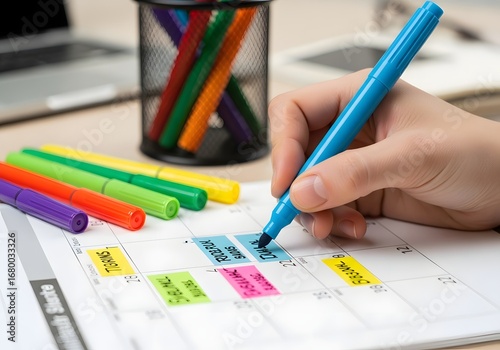 Close up of a hand with a marker organizing a weekly schedule on a calendar planner for effective time management and productivity