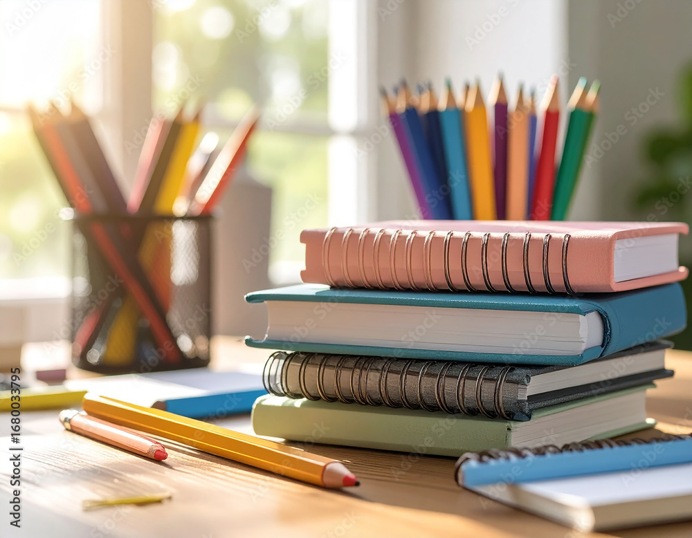 Fototapeta premium A stack of colorful notebooks, pencils, and school supplies on a wooden desk