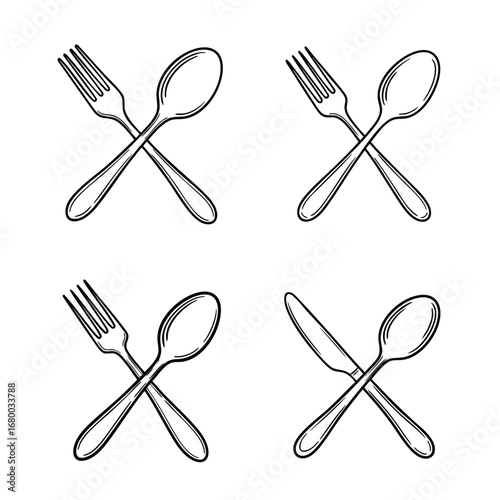 Set of crossed fork spoon and knife cutlery in a handdrawn sketch style.