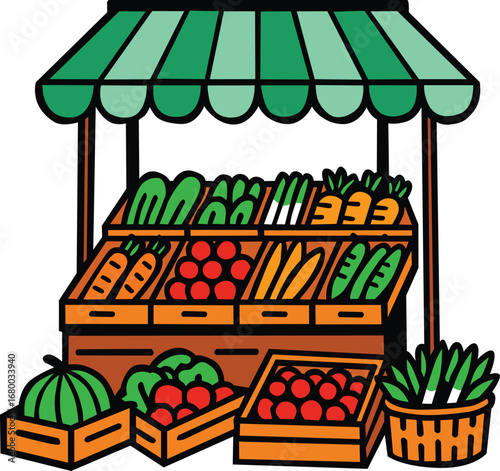Colorful market stall filled with fresh vegetables and fruits, perfect for themes of farming, healthy lifestyle, organic produce, sustainability, and local food markets
