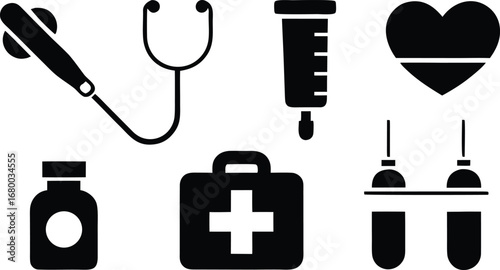 Medical tools and healthcare items silhouette