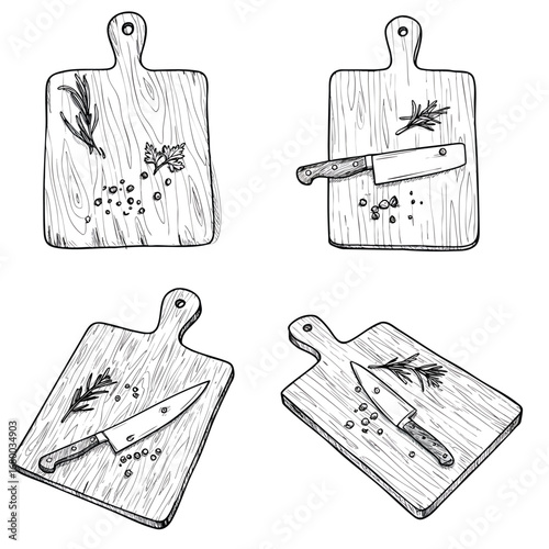 Set of four handdrawn wooden cutting boards with knives rosemary and peppercorns.