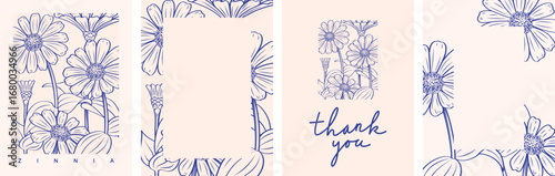 Zinnia flower design for wedding invitation, label, card, poster, or frame. Floral vector illustration.