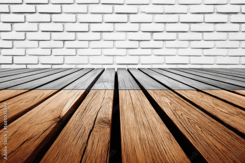 Fototapeta premium Perspective view of a wooden deck floor against a white brick wall