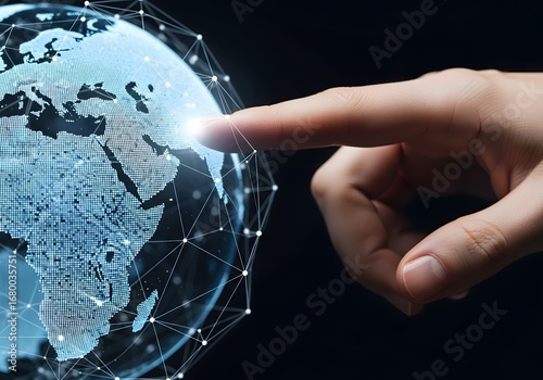 Human hand touching a luminous digital globe, symbolizing global business, communication, and the interconnectedness of future technology networks