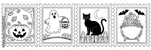 Halloween Coloring Page Set with Pumpkin, Ghost, Black Cat, Cauldron, Bats and Moon – Festive Printable Line Art for Kids