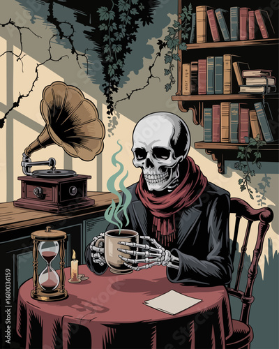 Skeleton Drinking Coffee in Vintage Library, Surreal Gothic Art with Hourglass, Candle, and Gramophone
