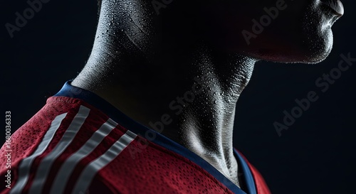 Close-up of a Sweaty Athletes Neck and Jersey in Dramatic Lighting
