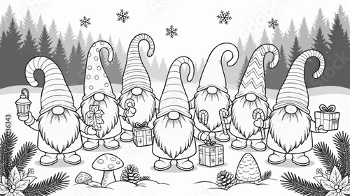 Cute Christmas Gnomes Coloring Page, Winter Forest Holiday Scene with Gifts, Candy Canes, Mushrooms, and Snowflakes for Kids and Adults