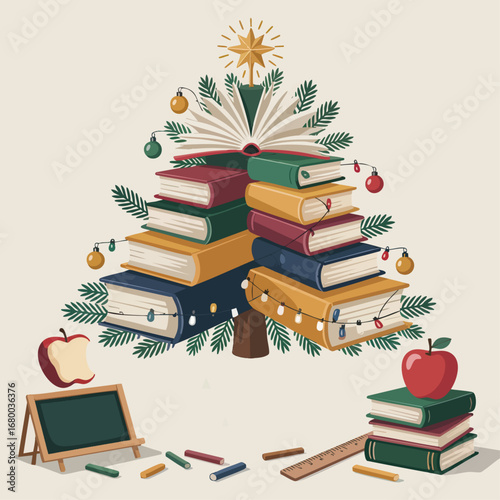 Festive Christmas Tree Made of Books with School Supplies, Chalkboard, Apples, and Holiday Decorations – Educational Holiday Concept Illustration