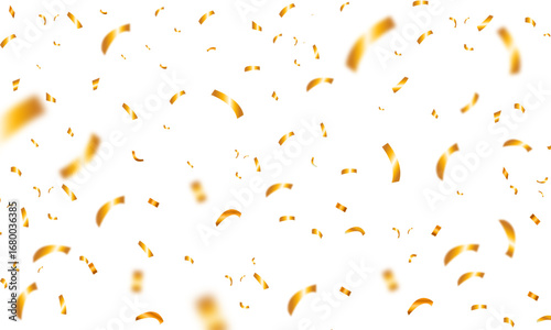 Golden confetti falling with a blur effect on a white background for a festive celebration