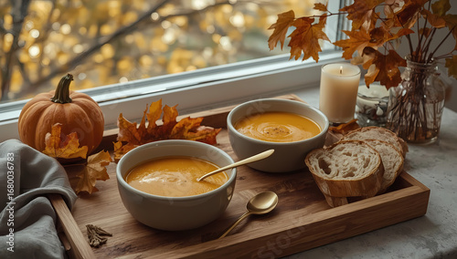 Pumpkin soup with bread and candle — cozy autumn still life