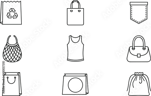 Eco-friendly bag icons, reusable shopping bags, sustainable fashion symbols, minimal line art, modern packaging design, clothing pocket, mesh sack illustration