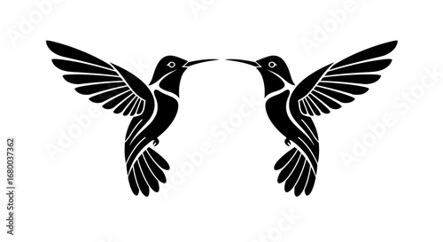 Two elegant black silhouette hummingbirds with outstretched wings face each other, creating a symmetrical design perfect for graphic applications.