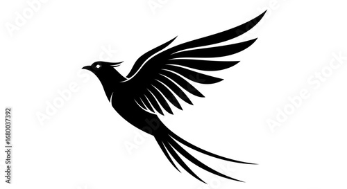 Stylized black bird vector illustration, PNG format, perfect for logos, tattoos, and digital design projects needing a bold, elegant avian image with a touch of tribal art.