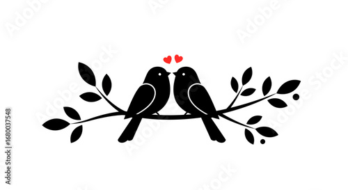 Two silhouette birds perched on a branch with leaves and hearts above their heads, symbolizing love and romance in a simple graphic design.