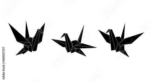 Three black origami birds vector PNG illustrations, perfect for logos, patterns, or any design project needing a simple, elegant, and symbolic bird graphic.