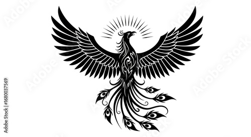 A detailed vector illustration of a stylized phoenix bird with outstretched wings, radiating light, and intricate patterns, perfect for designs and digital applications, presented in a png format.