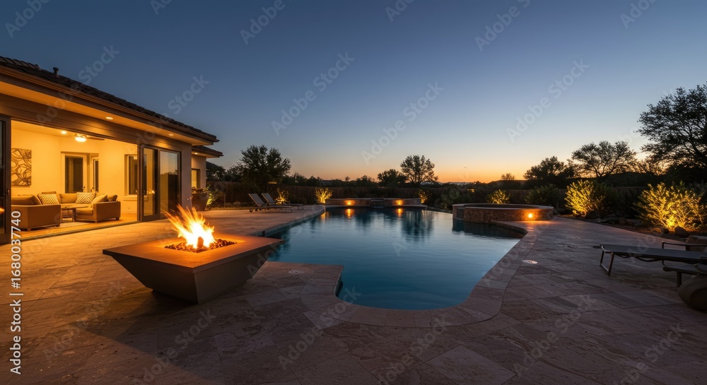 Fototapeta premium Luxury Backyard Oasis with Fire Pit and Pool at Dusk
