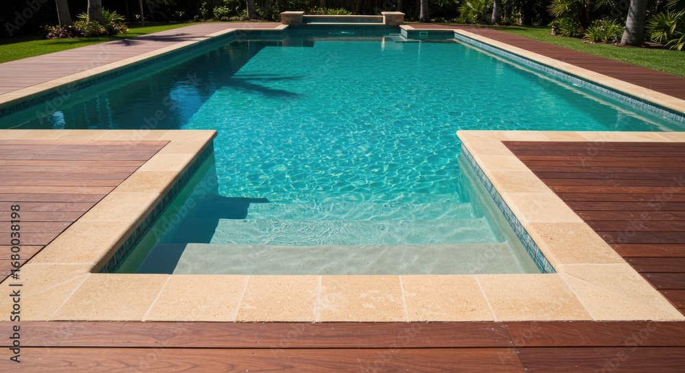 Obraz premium Luxury Swimming Pool with Wooden Deck and Tropical Plants