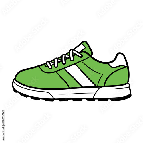 Green athletic shoe with white stripes in flat drawing style  