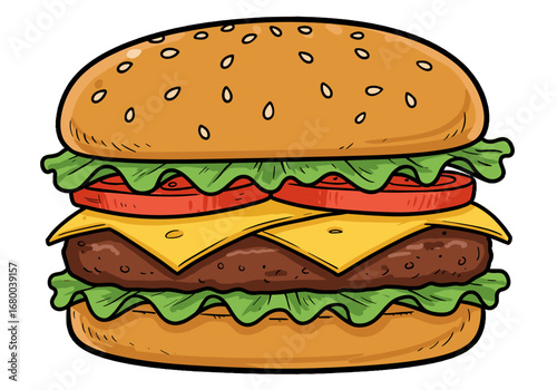 Cartoon hamburger with lettuce, cheese, and tomato on white background  