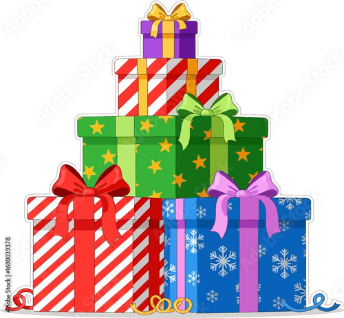 Stack of Colorful Wrapped Presents with Bows