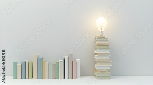 Elevate your knowledge with books and ideas, bright lightbulb on stacked books for learning inspiration