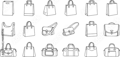 Handbag, tote, purse, fashion, accessory, shopping, stylish, leather, canvas, satchel, crossbody, shoulder, elegant, trendy, retail, design, illustration, collection, minimal, outline