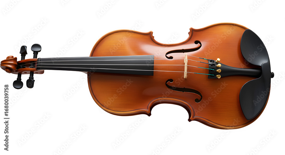 Fototapeta premium Wooden violin with strings and chin rest isolated on white or transparent background. PNG, musical instrument