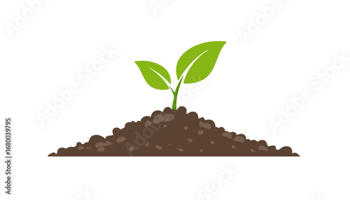 Simple illustration of a seedling in brown soil, showing growth, sustainability, gardening