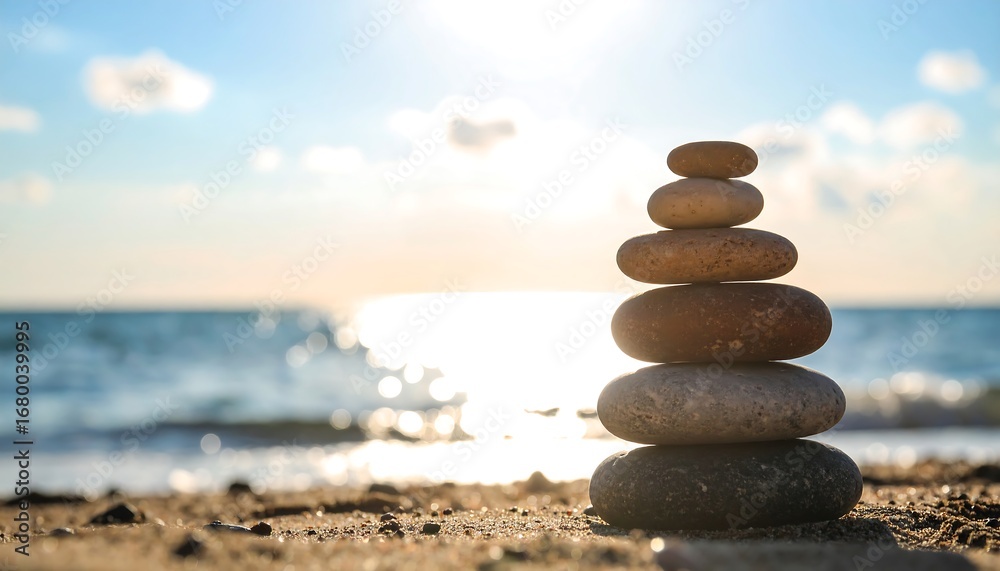 Fototapeta premium Zenith harmony stacked stones on shoreline capturing sunset serenity on calm blue sea