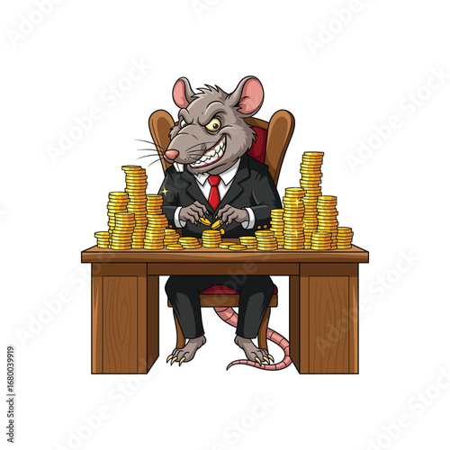 Rat Counting Gold Coins Cartoon